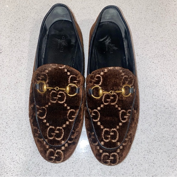 GUCCI • Brown Tan Velvet Jordaan Loafer - Size 7/ 37 - Picture 2 of 10